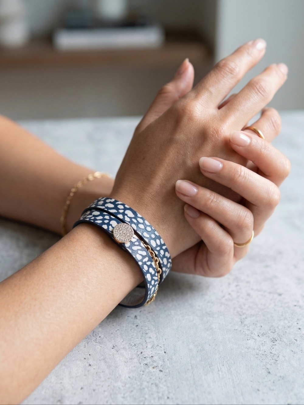 Navy and White Printed Double Wrap Bracelet with Pave Button